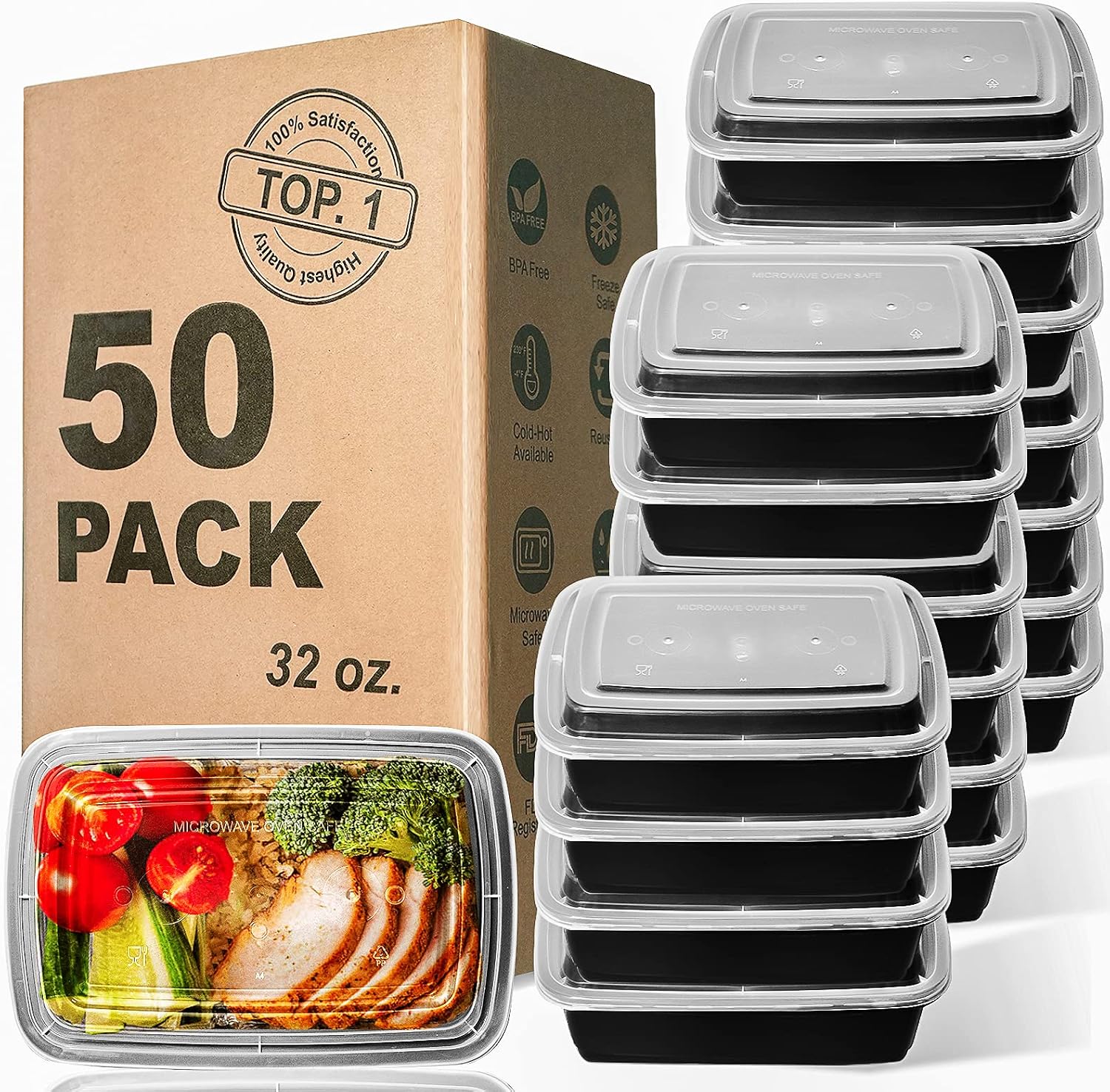 Extra-Thick Meal Prep Containers, 32 oz, 50 Pack