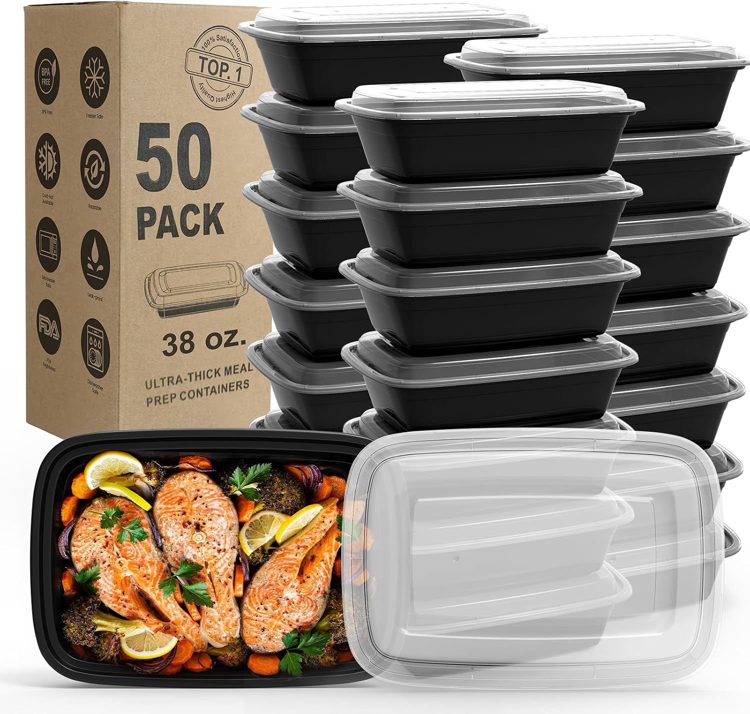 Extra-Thick Meal Prep Containers, 32 oz, 50 Pack