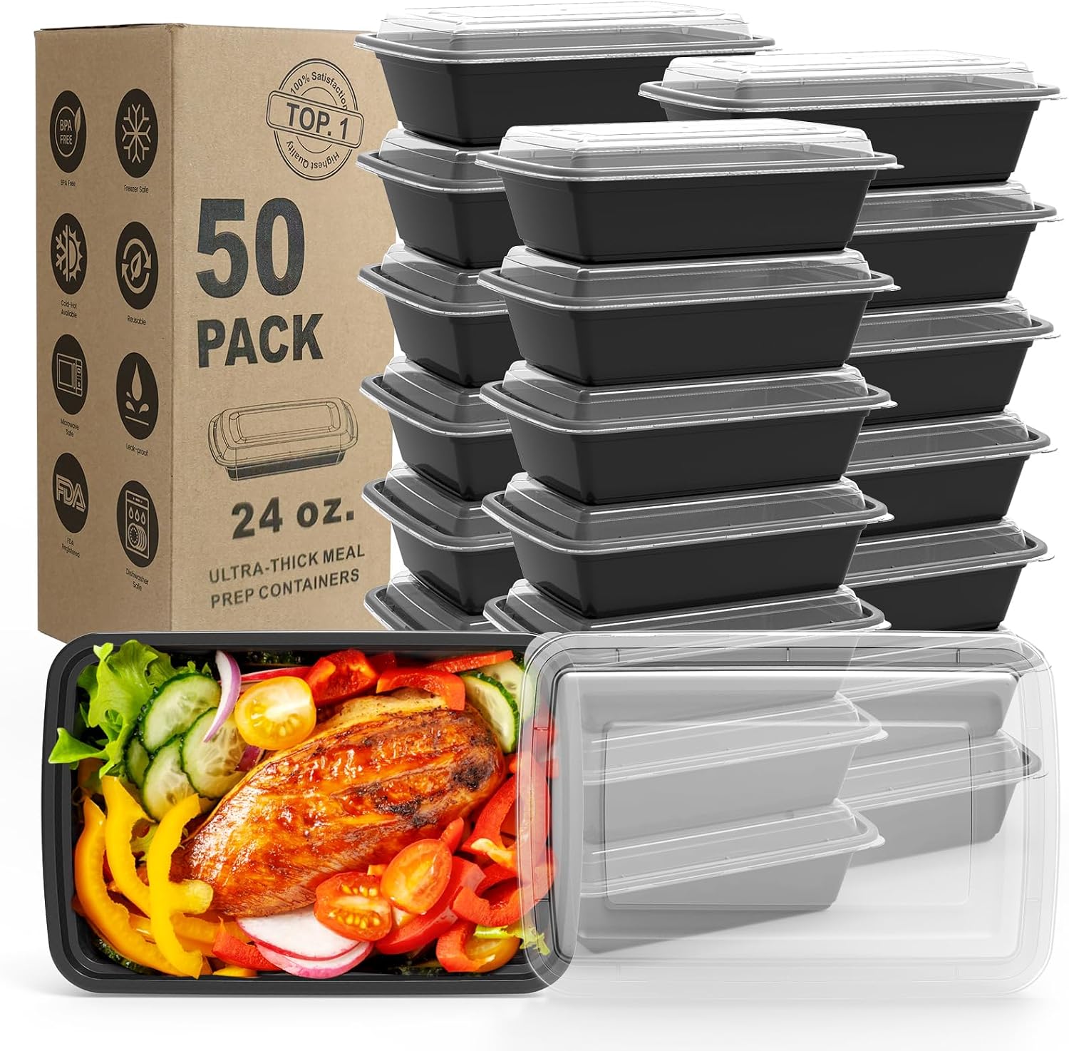 Extra-Thick Meal Prep Containers, 32 oz, 50 Pack