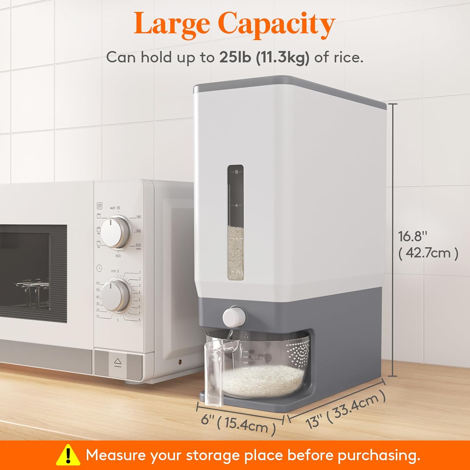 Rice Dispenser, 25 lb, with Measuring Cup