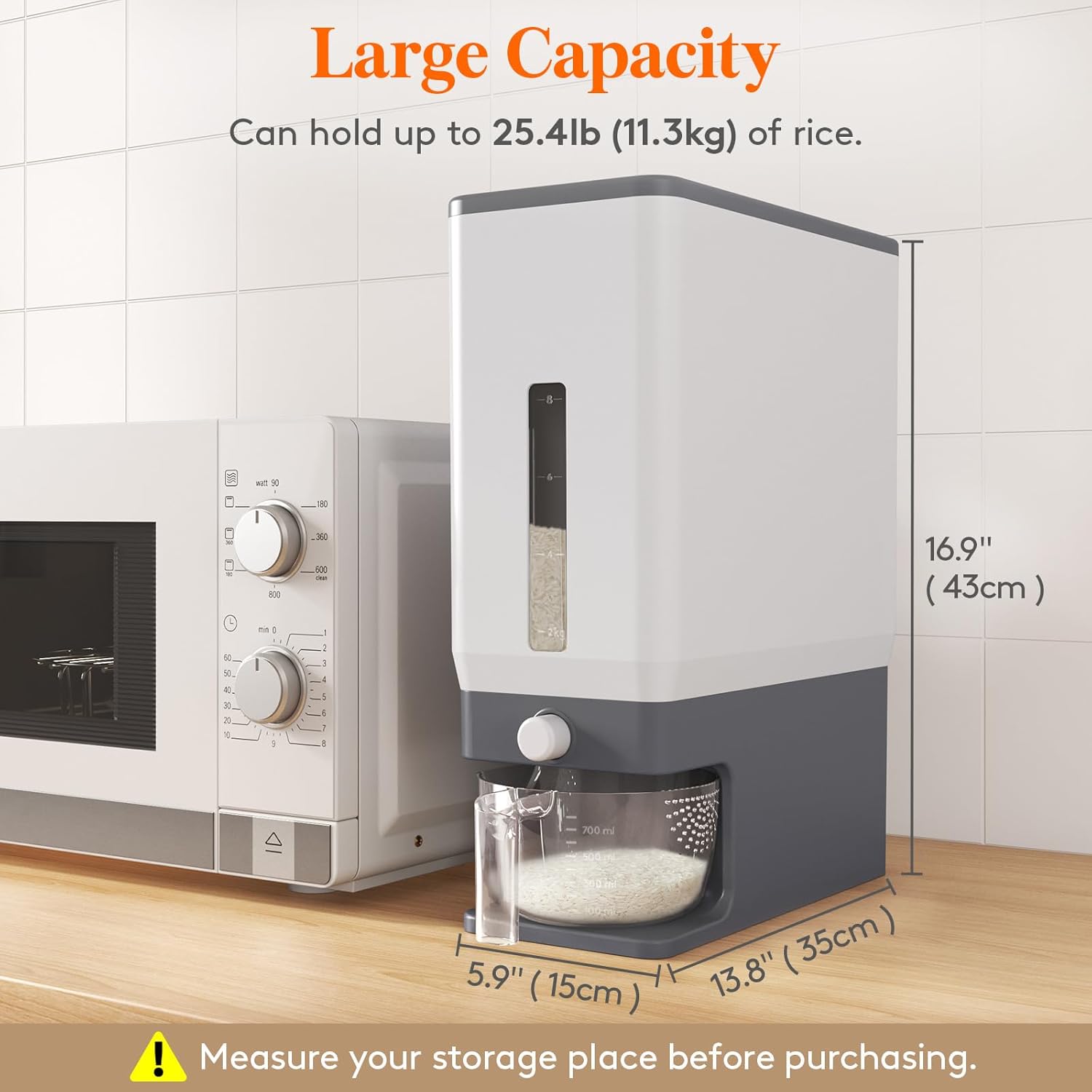 Rice Dispenser, 25 lb, with Measuring Cup