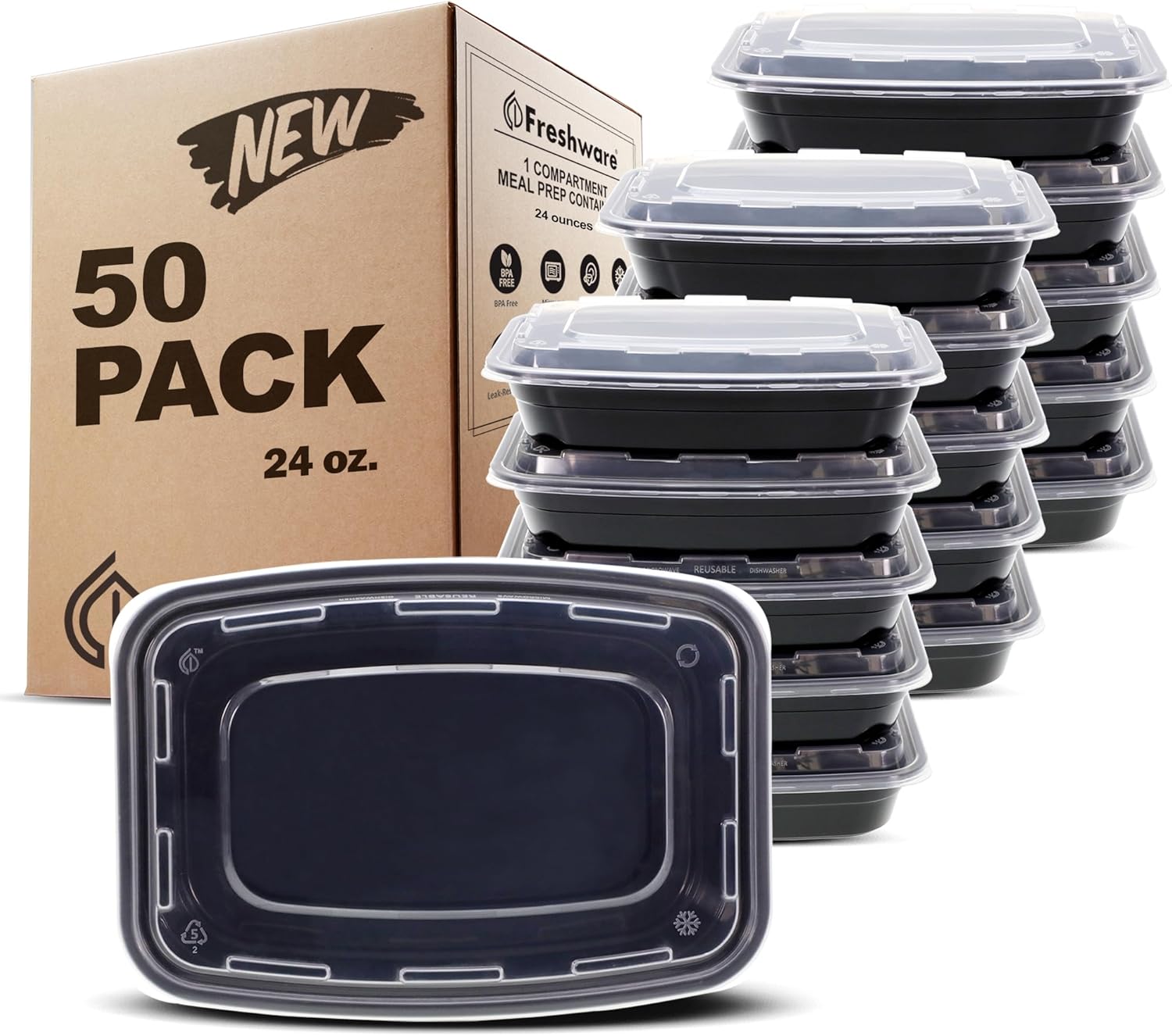 Single-Compartment Meal Prep Containers, 50 Pack