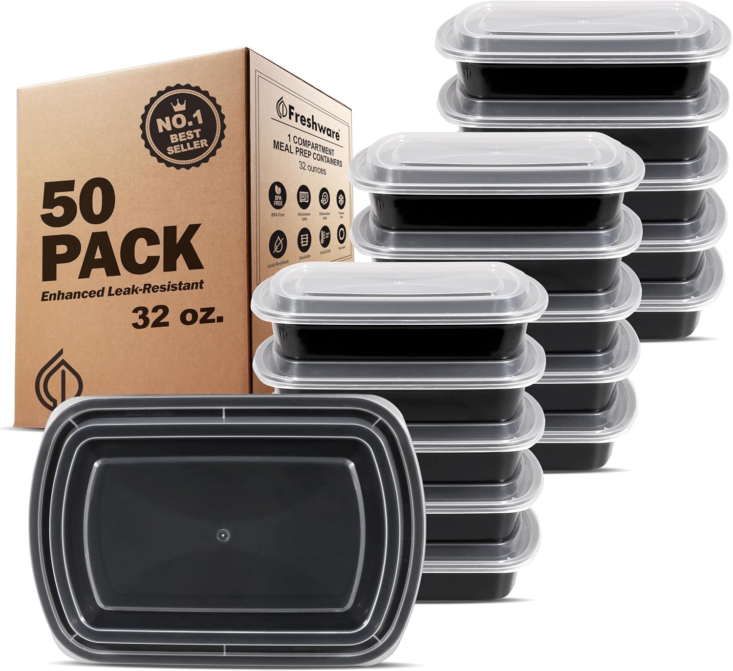 Single-Compartment Meal Prep Containers, 50 Pack