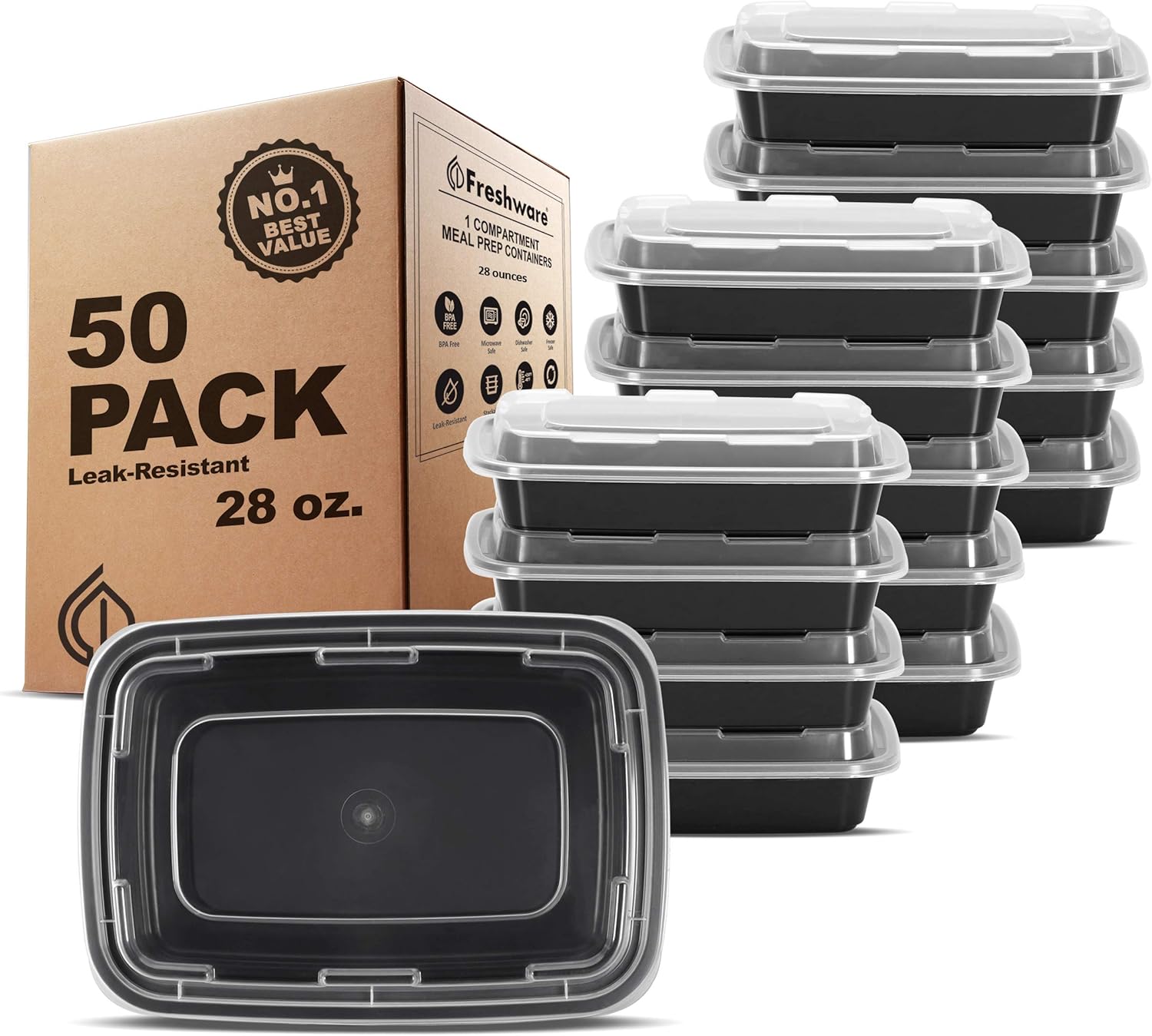 Single-Compartment Meal Prep Containers, 50 Pack